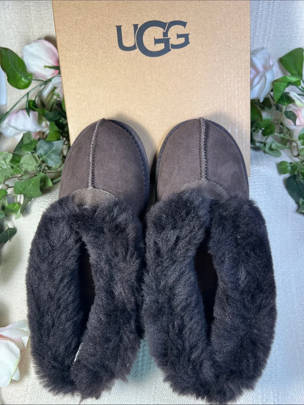 🐑Rare NWT Vintage UGG Women's Brown Suede Shearling-Lined Slip-On like small 7
